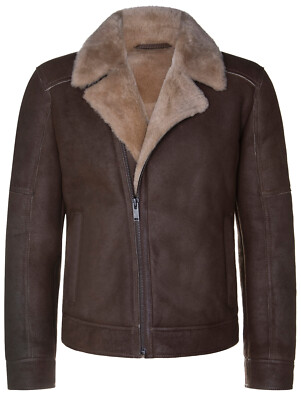 Herren Hellbraun Schafsfell Leder Bikerjacke Shearling Aviator