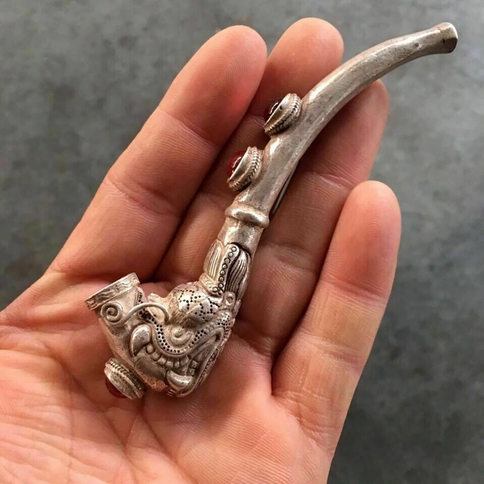 Китайский древний тибетский серебряный резной держатель для сигарет ручной работы - Изображение 4 из 4