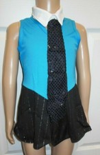 DANCE COSTUME GLITTER STRIPE turquoise BLACK TAP ROMPER SEQUIN TIE CH/AD