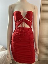 Pretty Little Thing Women's Coral Red Ties In Front Bodycon Dress Sz 6 NWT