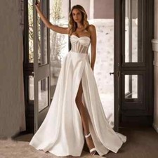 Wedding Dresses Sweetheart Beads Side Split Corset Satin Women A-line Bride Gown