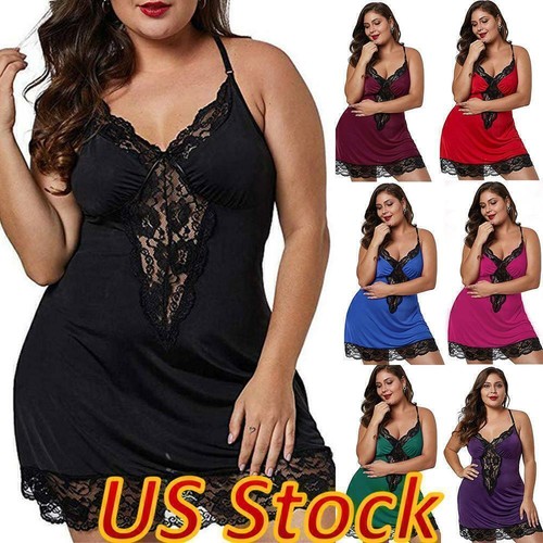 US Damen Sexy Dessous Rücken Kreuz Spitze Pyjama Set Kleid Nachtwäsche Übergröße
