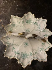RARE ANTIQUE  GOLD TRIM GREEN FLOWER DECORATIVE/CANDY DISH G913-TURQ