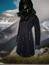 Joules Women's Cherington Black Hooded Longline Quilted Padded Coat Uk 6.