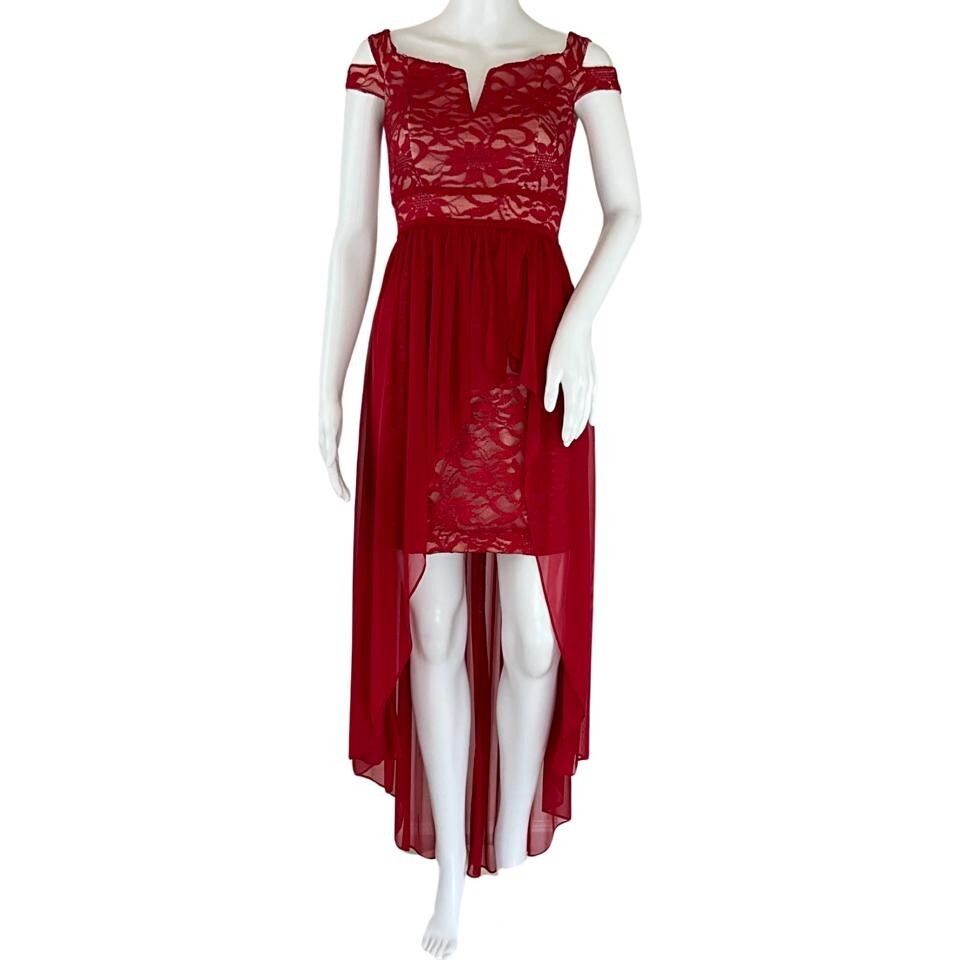 Morgan & Co 12671 Homecoming High Low Prom Dress - Red/Nude / 1