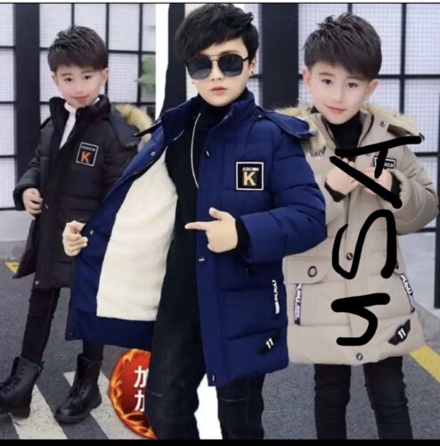 Boy Gift Thick Mid-length Jacket Autumn Winter Velvet Warm Teen Coat Zip Hooded - Picture 3 of 11