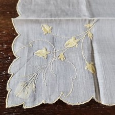 Vintage Yellow Rose Bud Flower Floral Embroidered Linen Hankie Handkerchief