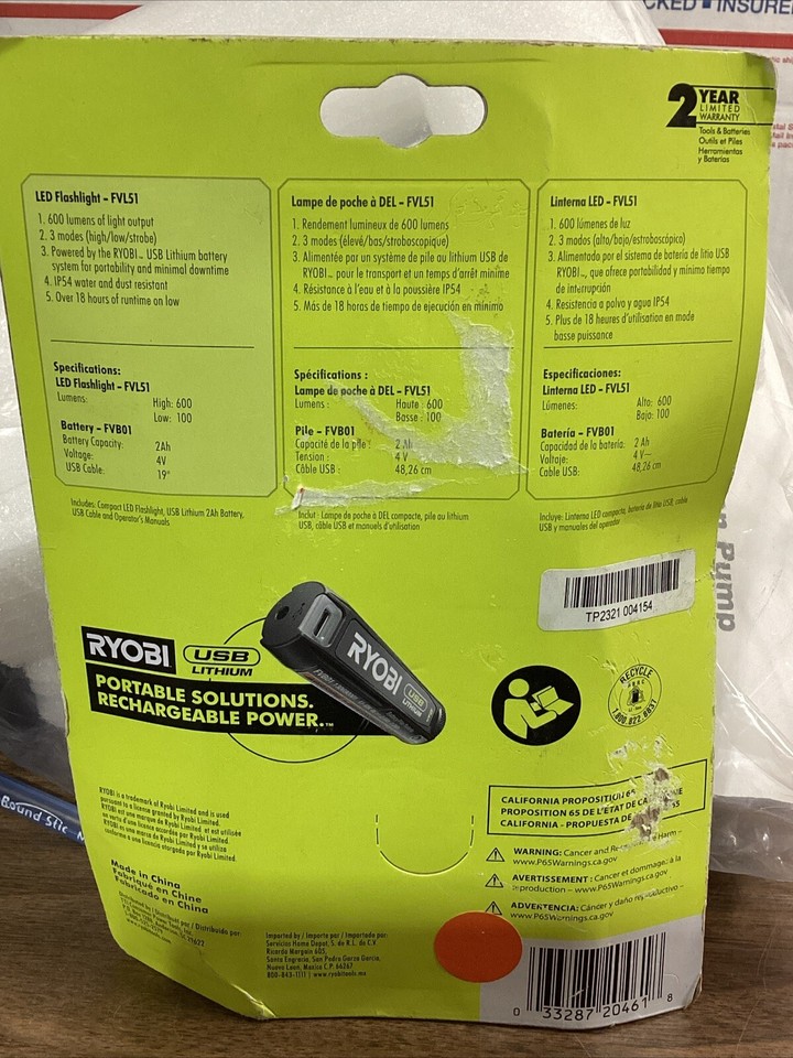 RYOBI LED USB Lithium Compact Flashlight Kit w/ Battery, Charging Cable