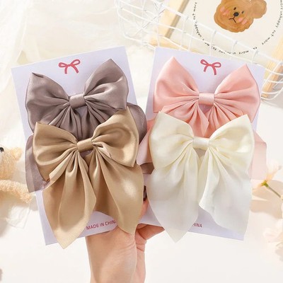 4Pcs/lot Solid Bowknot Hair Clips for Girls Ribbon Hairpins Retro 