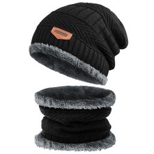 2PCS Winter Beanie Hat Scarf Set Fleece Lined Warm Knit Ski Cap Black