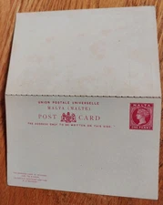 Vtg c. 1890? Malta GV 1c. postal reply card set,  unused, reply card lt toning