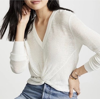 Veronica Beard Soren V-Neck Twisted Hem Linen-Blend Sweater M Capsule Coastal