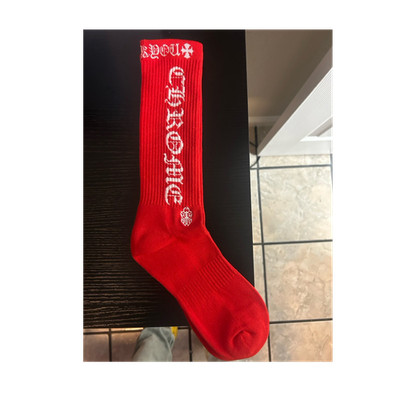 Chrome Hearts Men s EU 39-42 Red/White Text Logo Crew Mid-Calf Socks 1 Pair