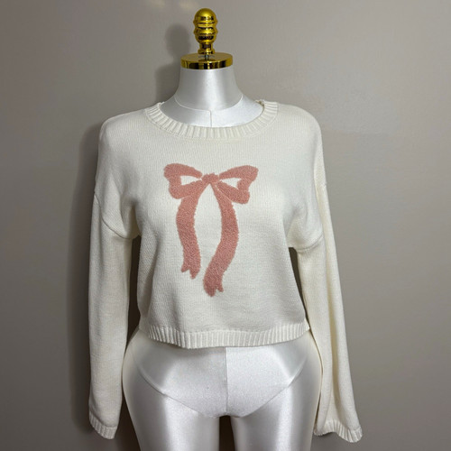 Sincerely Jules Womenβs Ivory Crew Neck Knit Pullover Sweater Bow Graphic Size M