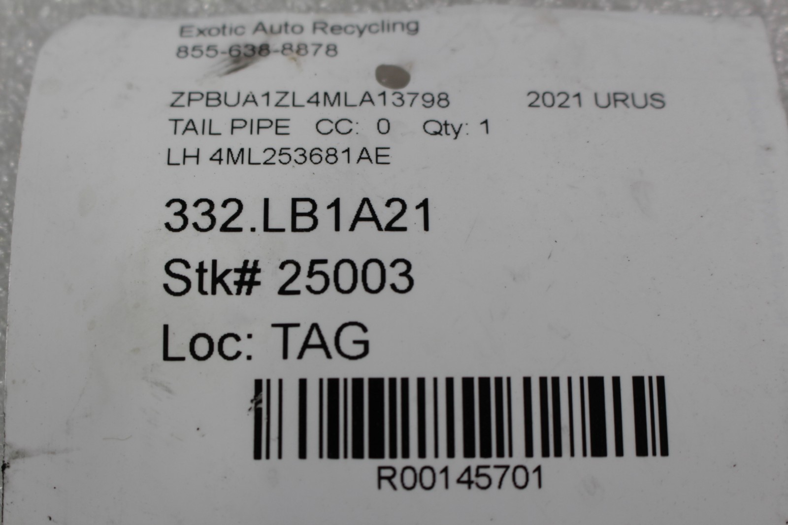 Lamborghini Urus, LH, Left, Tail Pipe, Used, P/N 4ML253681AE