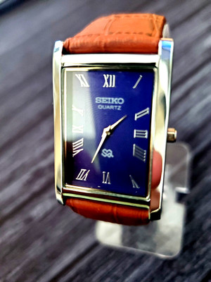 NOS Mens Tank Rectangular Blue Dial Leather band Dress Watch New Mvt & Batt--