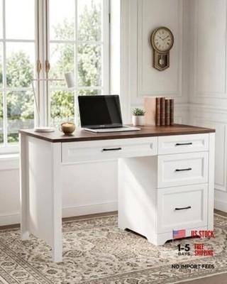  Farmhouse Executive Desk with File Cabinet & Storage Drawers, Space Brown