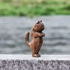 Handmade Carved wooden cat statue animal figurine sculpture Desktop home decor