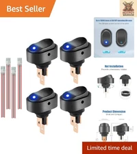 Illuminated 12V Rocker Switch with Blue LED - 30A SPST for Cars & Boats - 4 PCS
