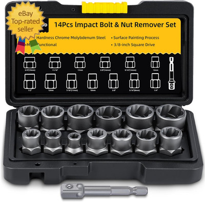 Bolt Extractor Kit, 14 PCS Impact Bolt & Nut Remover Set with 3/8 Inch Adapter,