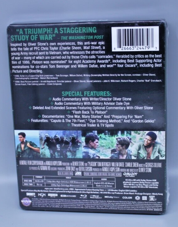 Platoon 4k Ultra HD Blu Ray Limited Edition Steelbook Oliver Stone 1986