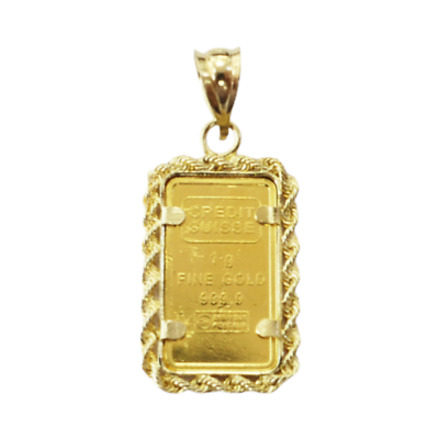 1gr 24K 0.999 Gold Bar 14K Yellow Gold Frame Necklace Charm