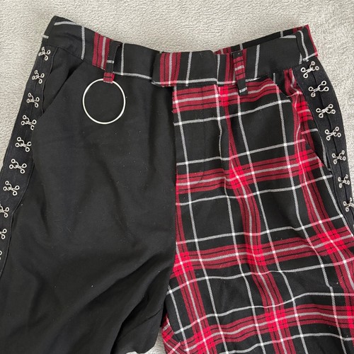 Hot Topic Pants Womens Medium Black Red Plaid Split Leg Punk Goth Flex Waist - Picture 2 of 9