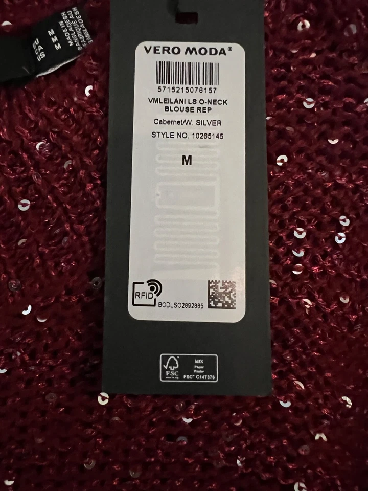 NWT Vero Moda O-Neck balloon sleeve Sequin Sweater Women’s Medium Cabernet red - Image 3 of 4