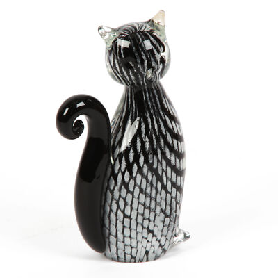 Schwarz & Silber weiße Katze mundgeblasene Glasfigur Ornament 17,5 cm