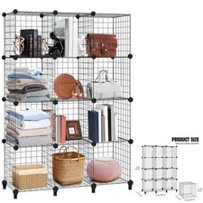 12 Cubes Interlocking Storage Unit With Metal Wire Mesh Black Multifunctional
