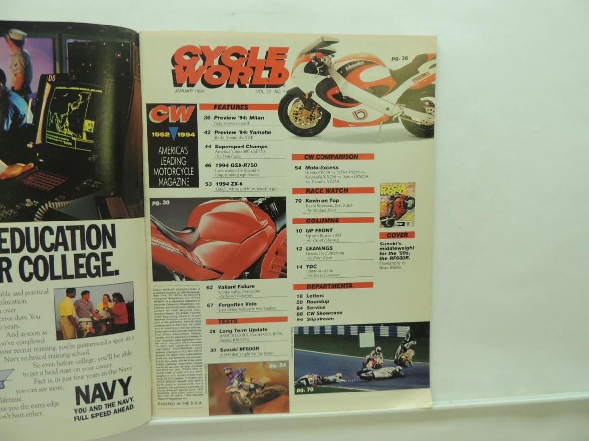 Jan 1994 Cycle World Magazine Ducati Yamaha Moto Guzzi Suzuki BMW