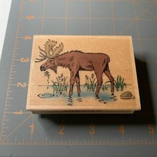 Embossing Arts Co- Wood Rubber Moose Eating Water Pond Stream Animal Nature