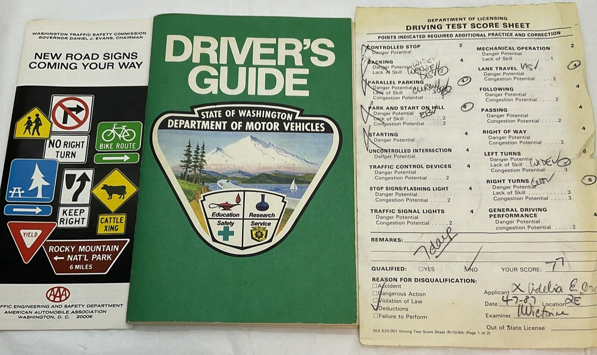 Vintage 1987 Washington State Driver's Guide Test Score Sheet