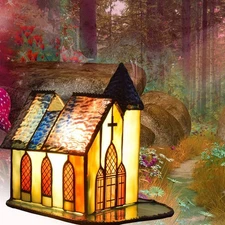 Tiffany Style Stained Glass Cathedral Church Night Light,E14, Accent Lamp, Ta...