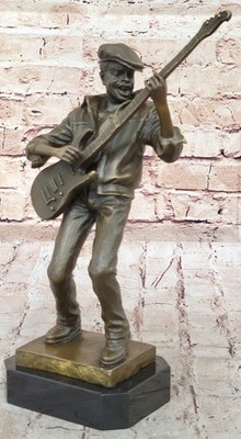 Signed Original Black Guitar Player Singer Bronze Sculpture Marble Statue Decor