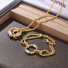 Luxury Gold-plated Stainless Steel Bracelet Rhinestone Oval Pendant Necklace