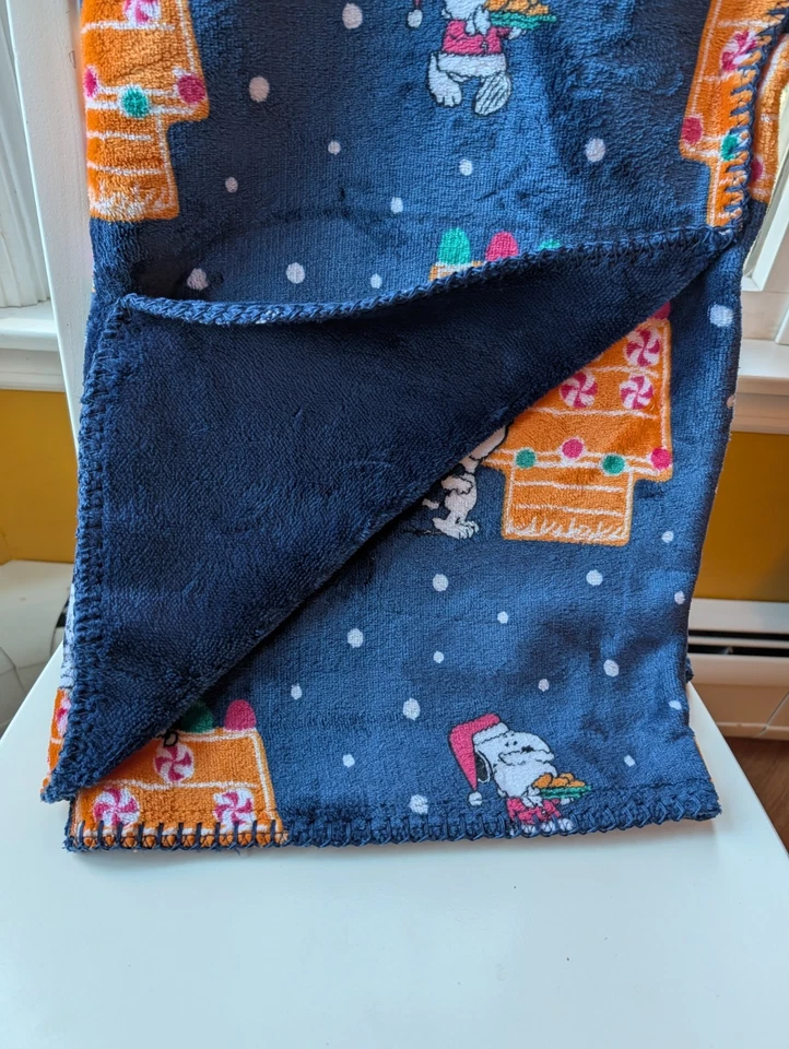 Snoopy Peanuts Doghouse Christmas Candy Cookies Reversible 50 x 70" Blue Blanket - Image 3 of 4