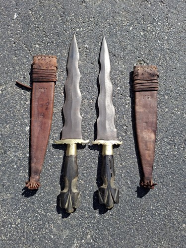 Philippines 1968 Kris Dagger Pair with leather sheaths 11 In Blades Wood + Brass