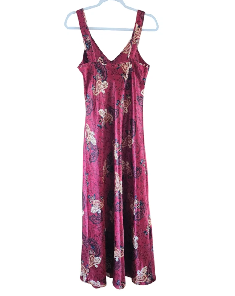 VTG JONES NEW YORK Silky Satin Nightgown DARK RED PAISLEY V-Neck A-Line Gown L - Image 4 of 4