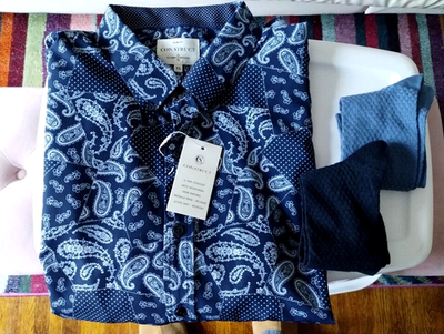 blue bandana dress shirt CON.STRUCT 4-Way Stretch S/S Button-Down Design SZ XL w/Socks!! Shoe Size:EU42/ UK9/ US11/ AU11.5 Experience the unique style formal gowns classy Army Infantry Blue Infantry