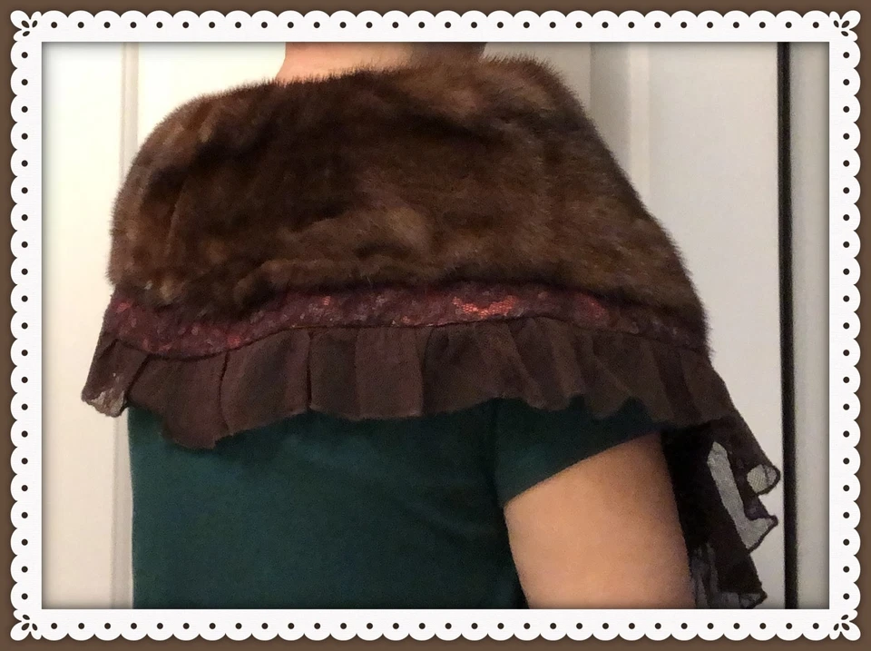 Mink Shoulder Wrap Fur Shawl Lined Satin Silk & Lace on Outer Contour 43" Long - Image 3 of 4