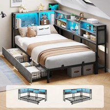 Corner Bed Frame Twin XL Size Daybed with Led Lights,Charging Station,2 Drawers