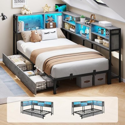 Corner Bed Frame Twin Daybed with Bookcase Storage,Led Lights,Charging Station