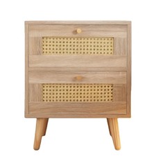 Rattan Nachttisch 40x40x55 cm 2 Schubladen Holzbeine Schlafzimmer Schrank Beige
