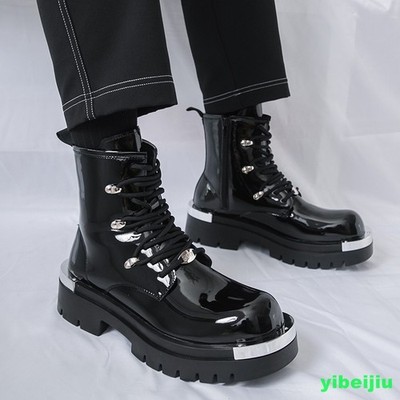 Patent Leather Platform Combat Boots Lace Up Side Zipper Chunky Lug Sole Men\'s Juosiy Mens Patent Leather Combat Boots Fashion Side Zipper  main image 4