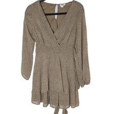 Japna Tan Animal Print Long Sleeve Tiered Faux Wrap Mini Dress