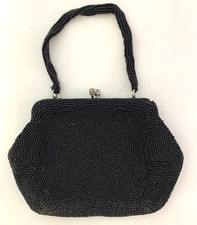VTG La Regale Black Beaded Formal Handbag Handle Silver Kiss Closure Japan