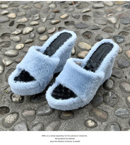 Womens Summer Fluffy Slide Slippers Faux Fur Wedge Platform Beach Shoes Sandals - Picture 8 of 28