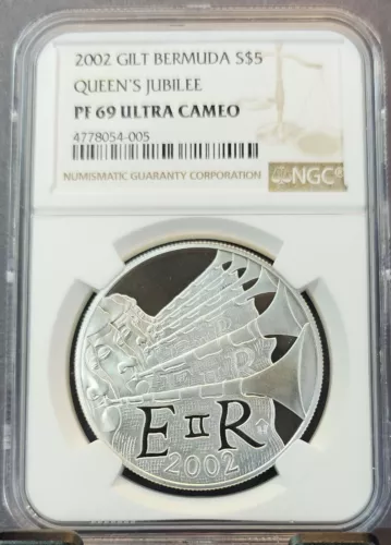 2002 BERMUDA SILVER 5 DOLLARS S$5 GILT QUEENS JUBILEE NGC PF 69 ULTRA CAMEO