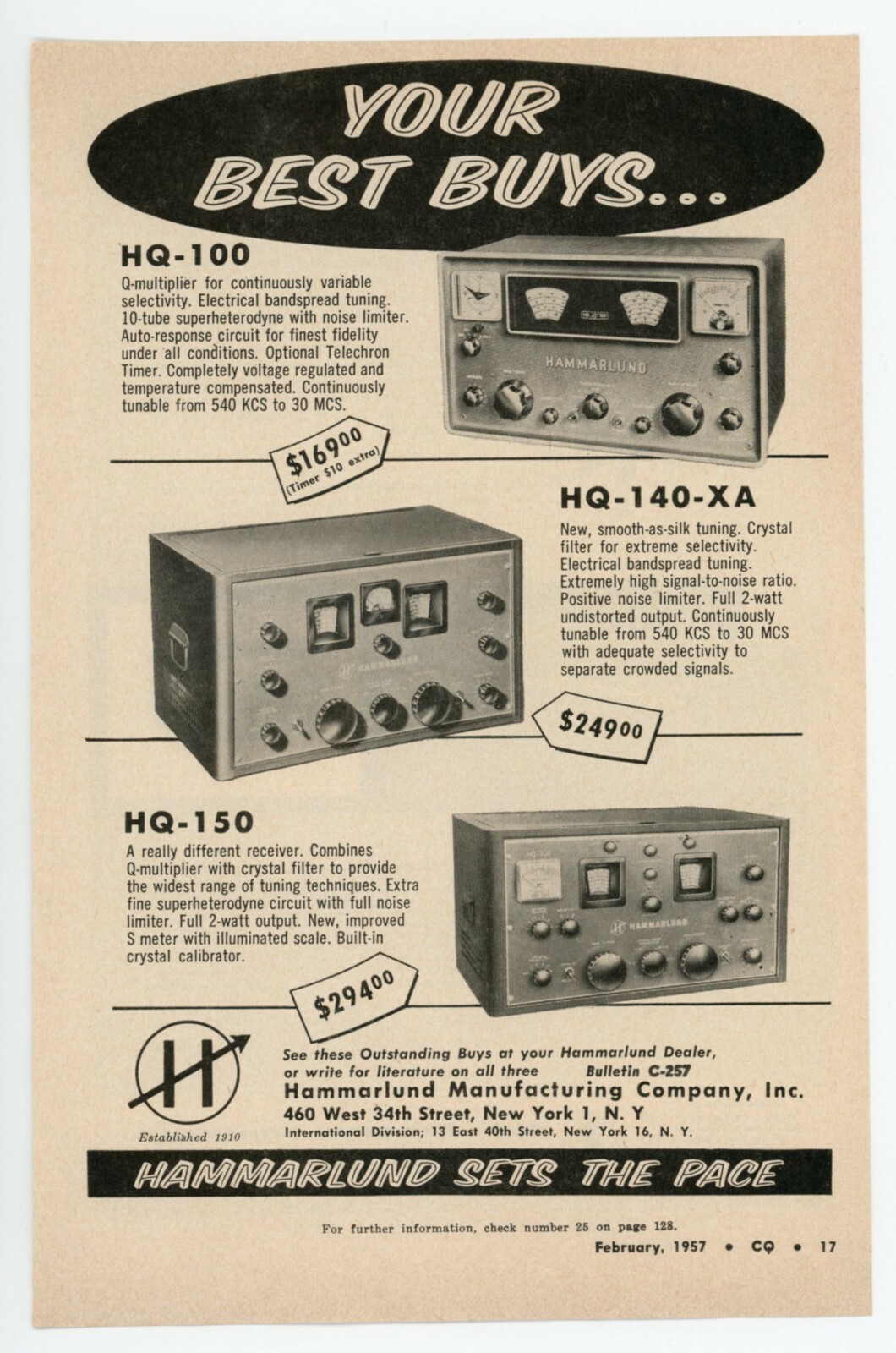 CQ Ham Radio Magazine Ad YOUR BEST BUYS...HAMMARLUND HQ100, HQ150